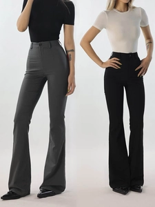 Women High Waisted Flared Suit Trousers Polyester Spandex Slim Fit Micro Flare Minimalist Office Wear