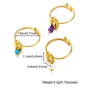 Three-piece gold titanium steel ring set with shell charms and colorful natural stone beads