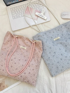 Chic pearl lace tote bags in pink and blue colors with mesh overlay and top handles