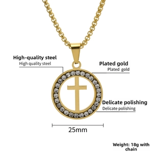Detailed view of gold plated titanium steel cross pendant with cubic zirconia stones
