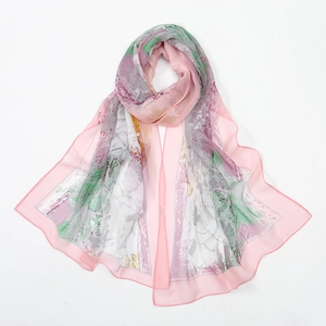 Pink and grey floral silk georgette scarf with lotus patterns for beach sun protection
