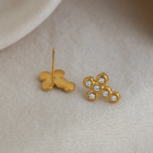 Detailed macro view of 18K gold plated cross earrings with sparkling cubic zirconia