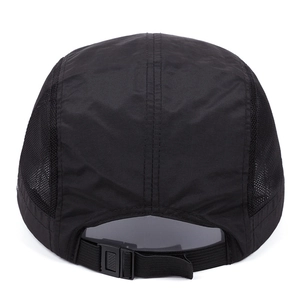 Rear view of 5-panel camping cap showing breathable mesh side and adjustable buckle strap