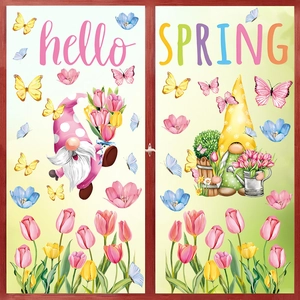 Autocollants de fenêtre gnomes de printemps avec tulipes colorées et papillons