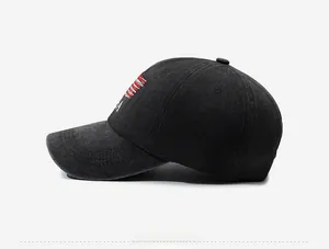 Side view of vintage washed cotton USA baseball cap showing red and white stripe embroidery