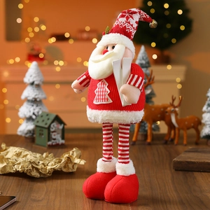 Detailed close-up of a Christmas Santa plush with knitted hat and long legs in a cozy setting
