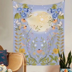Detail of floral moon phase tapestry with purple backdrop and morning glory flowers