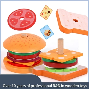Wooden play food set featuring stackable toy burgers and sandwiches with order cards