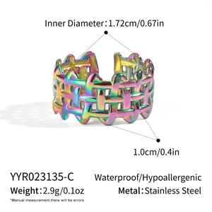Detailed view of iridescent woven stainless steel ring showing 1.0cm width dimensions
