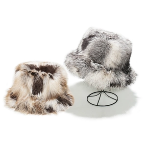 Faux fox fur bucket hat for women with plush gradient texture and warm ear protection
