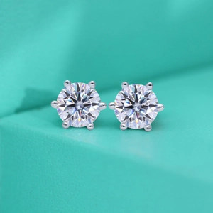 Macro detail of classic six-prong setting with brilliant round-cut moissanite silver studs