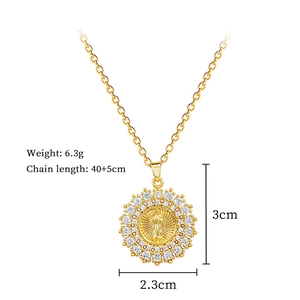 Detailed specs of gold sunburst Virgin Mary pendant necklace with size and weight info
