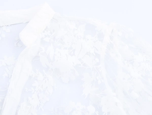 Detailed view of white floral lace embroidery on sheer mesh long sleeve crop top