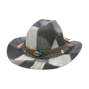 Vintage western cowboy hat with blue patchwork denim design and bohemian beaded band