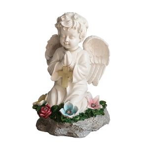 Estatua de ángel solar de resina con flores LED de colores para decoración jardín
