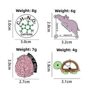 Detailed views of caffeine formula, hippo math, brain, and turtle protractor pins