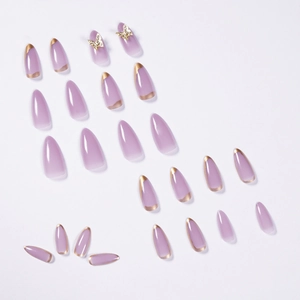 Elegant purple gradient almond nails with 3D gold butterfly charms and foil edges