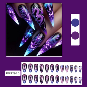 Detail of long stiletto press-on nails with purple dragon and neon flame patterns