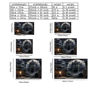 Size chart for Halloween gothic castle wall tapestry showing various dimensions and weights