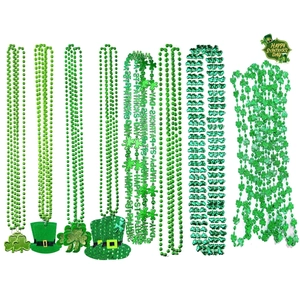 Green St. Patrick's Day bead necklace set with shamrock and hat charms for party