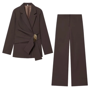 Deep coffee brown women's blazer and wide-leg trousers set with golden metal buckle details