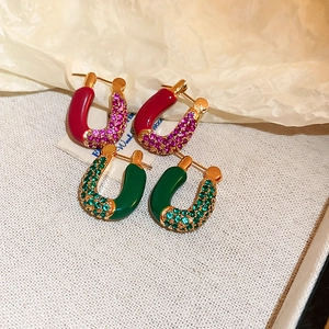 Vintage U-shaped gold earrings with colorful enamel and pavé zircon stones