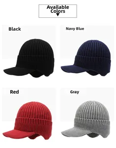 Winter knit beanies available in black, navy, red, and grey with earflaps and visors