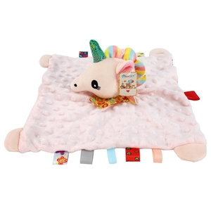 Pink unicorn baby security blanket with 3D texture minky dots and colorful sensory tags