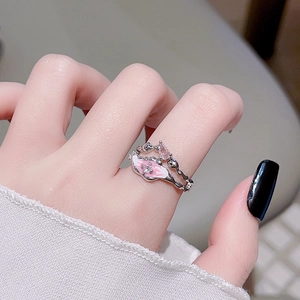 Irregular pleated open ring with pink enamel flower and teardrop zircon gemstone