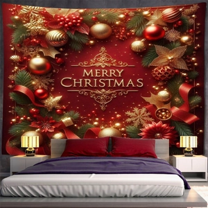 Detailed view of Merry Christmas wall tapestry with festive pine branches and red gold ornaments
