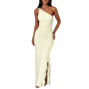 Pale yellow one-shoulder ruffled slim maxi dress with side slit for summer vacation style