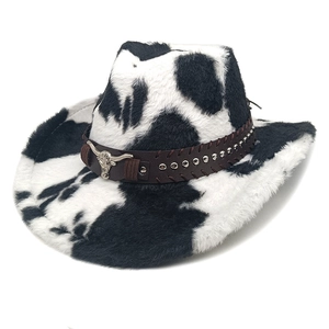 Cow Print Cowboy Hat Faux Fur Plush Wide Brim With Metal Bull Head Rivet Leather Belt Western Style Winter Warm For Women