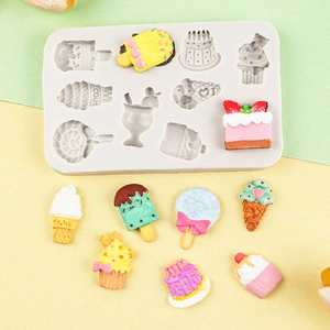 Molde de silicona con formas de postres como helados, cupcakes y piruletas