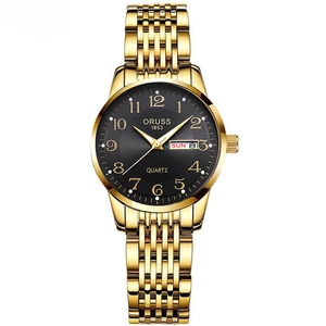 Classic gold stainless steel watch with black dial and day-date display for business style