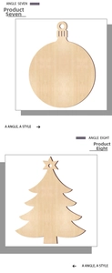 Detailed laser-cut unpainted wooden Christmas ornaments in ball and tree shapes