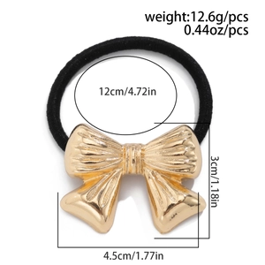 Detailed view of elastic hair tie with gold metallic bow texture and size specifications