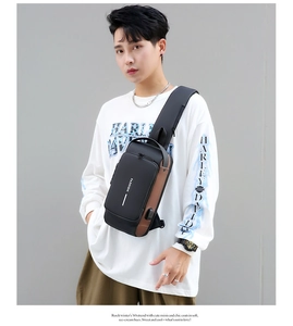Detail of crossbody chest bag featuring USB charging port and anti-theft security lock
