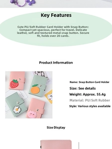 Detailed view of cute PU card holder with 26 slots showing snap button and fruit patterns