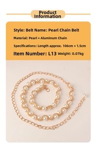 Detail view of pearl and aluminum chain belt with lobster clasp and adjustable metal link