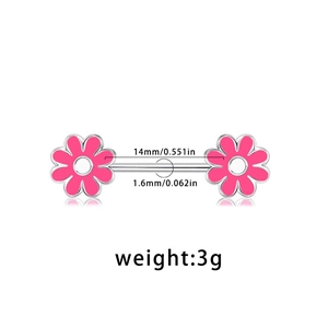Piercing capezzolo a fiore rosa in acciaio argento con barra 14mm e spessore 1,6mm
