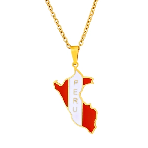 Collana con ciondolo mappa del Perù retrò in acciaio inossidabile dorato con smalto rosso e bianco