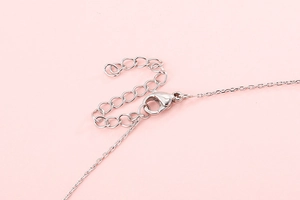 Macro shot of silver-tone lobster clasp and adjustable extension chain on the necklace