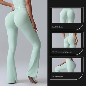 High-waisted mint green flare yoga pants with peach hip lifting and quick-dry fabric