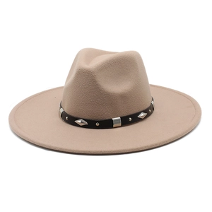 Detail view of beige wool fedora hat featuring a black leather band with silver rivets