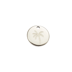 Pendentif rond en acier inoxydable argenté avec gravure de palmier sur fond blanc pur