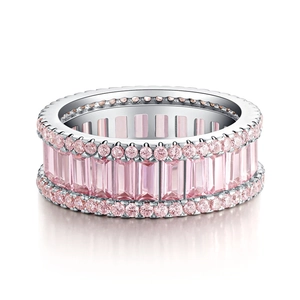 Bague de luxe en argent sterling S925 avec diamants pavés roses rectangulaires et ronds