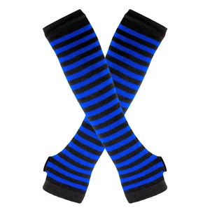 Detail of blue and black striped knitted arm warmers with fingerless thumb hole design