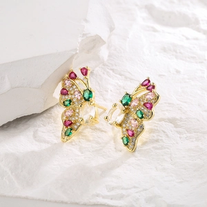 18K gold plated butterfly stud earrings featuring colorful micro-paved zircon stones
