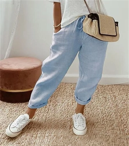 Damen Freizeithose aus Baumwollleinen in Hellblau mit Kordelzug und weitem Beinverlauf