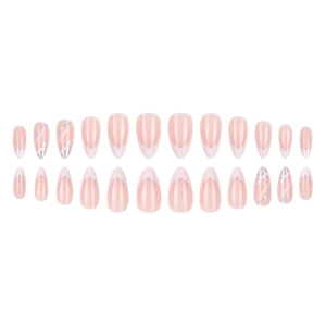 Almond press-on nails set with pink base, silver glitter French tips and wavy art designs